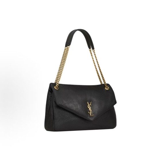 SAINT LAURENT YSL CALYPSO Gold Logo snap-on opening and closing hand-held shoulder bag, large size for women, black
